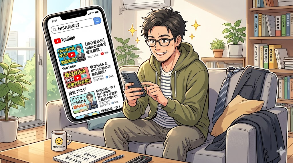 スマートフォンで投資情報を調べるアラフォー会社員