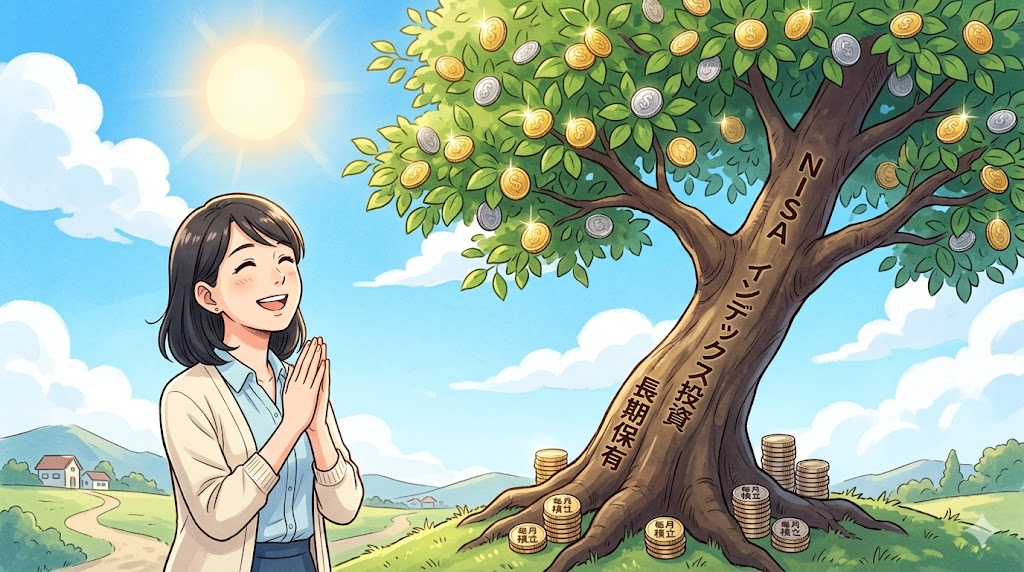 資産形成のお金の木 - NISAと積立投資で老後に向けて育てていくイメージ