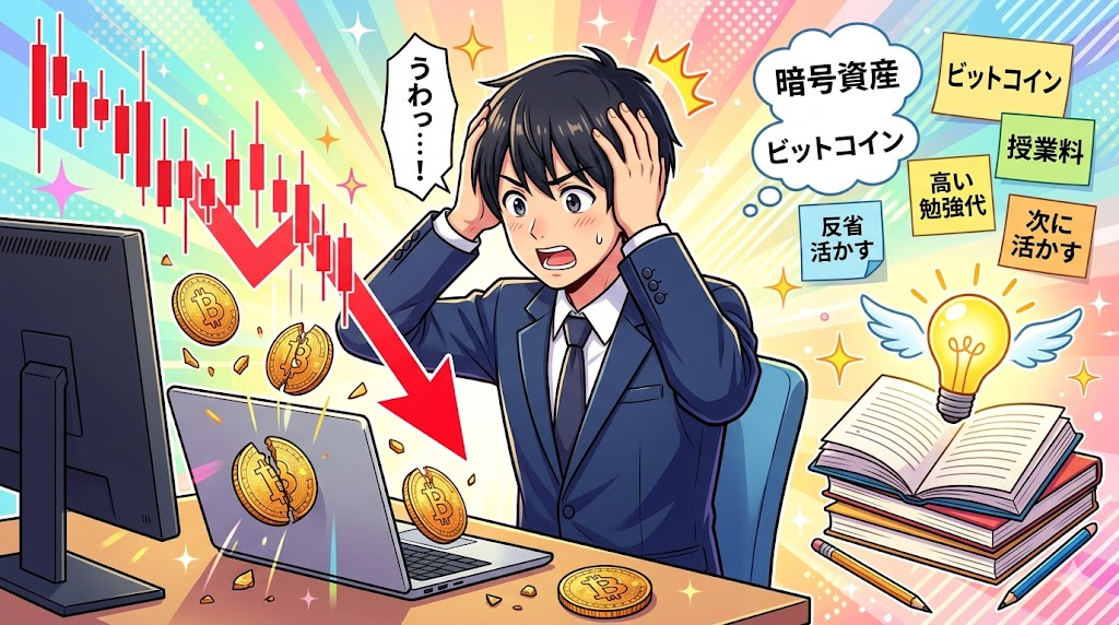 暗号資産の下落で授業料を払ったサラリーマンのイラスト