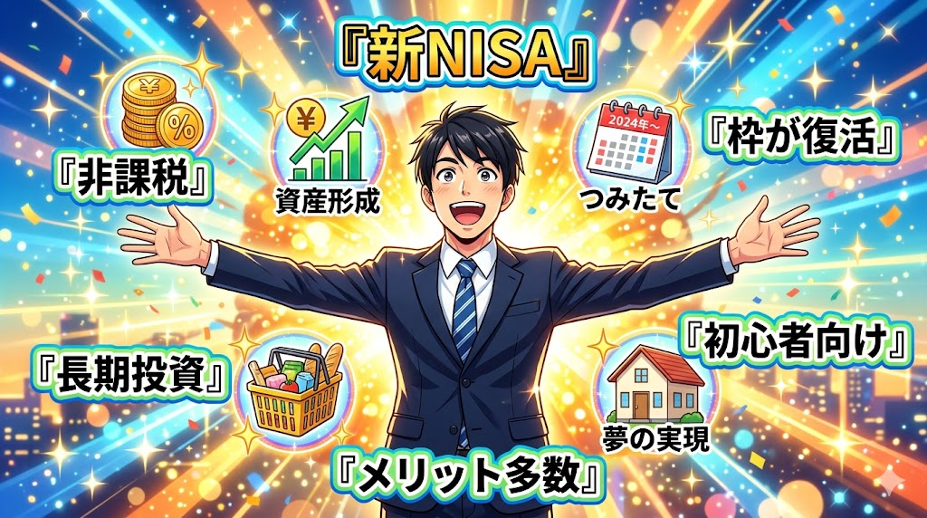 新NISAのメリットを学ぶサラリーマンのイラスト