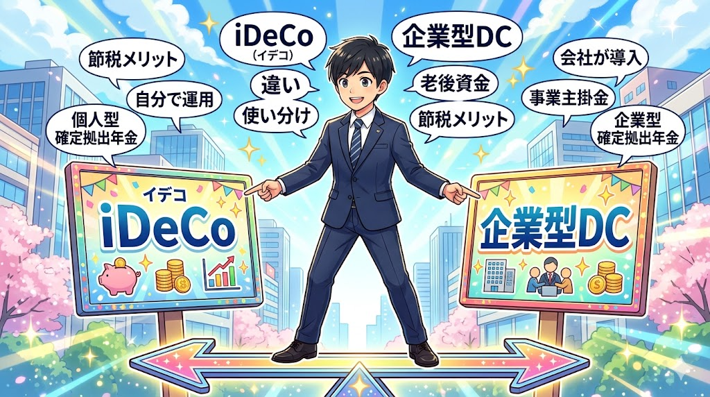 iDeCoと企業型DCを比較するサラリーマンのイラスト
