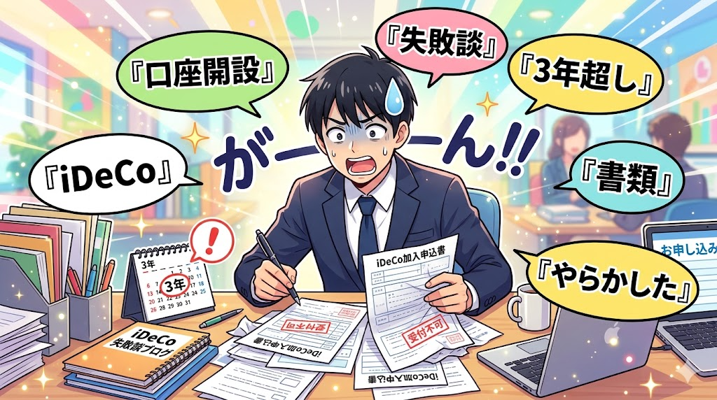 iDeCoの書類でやらかした失敗談のサラリーマンのイラスト