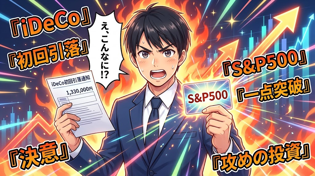 iDeCoでS&P500一点突破を決意するサラリーマンのイラスト