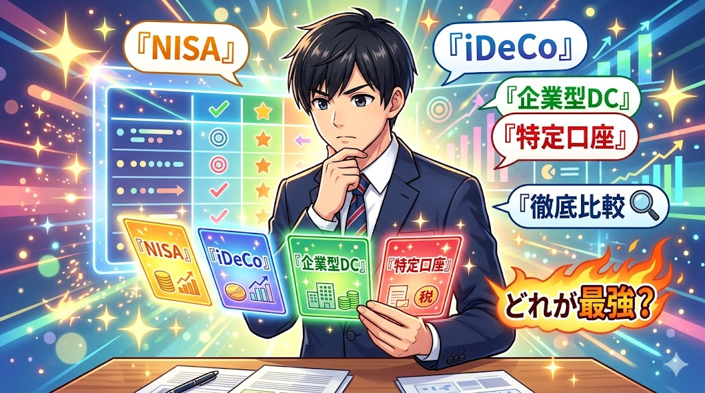 NISA/iDeCo/企業型DC/特定口座を比較するサラリーマンのイラスト