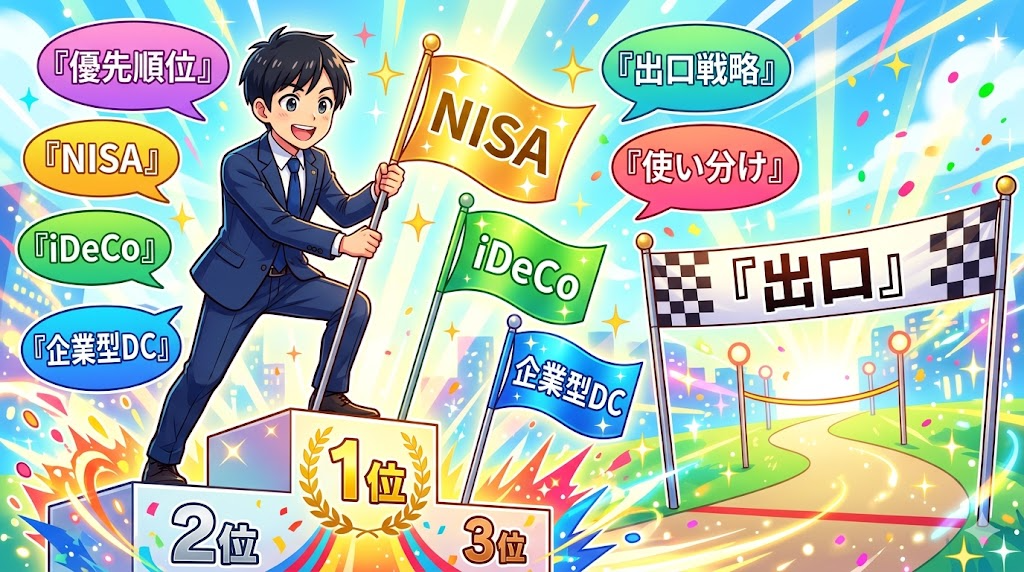 NISA/iDeCo/企業型DCの優先順位を考えるサラリーマンのイラスト