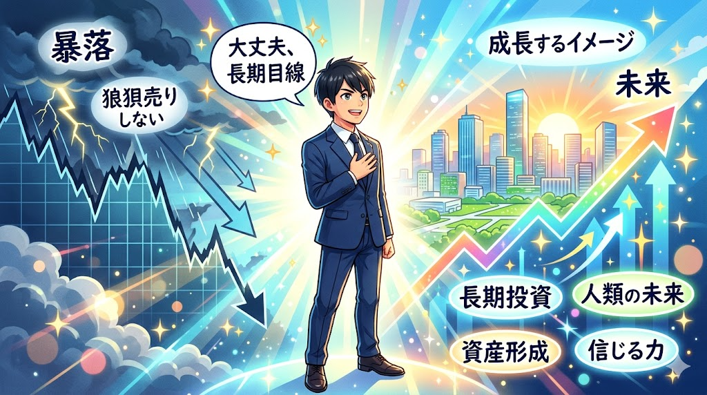 暴落でも信念を持って長期投資を続けるサラリーマンのイラスト