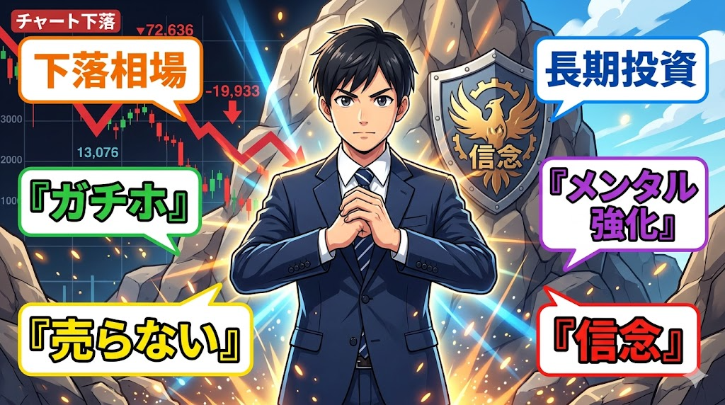 下落相場でもガチホする不屈のサラリーマンのイラスト