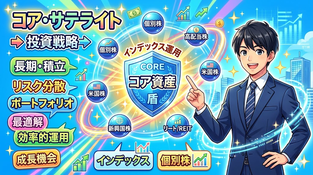 コア・サテライト戦略を解説するサラリーマンのイラスト