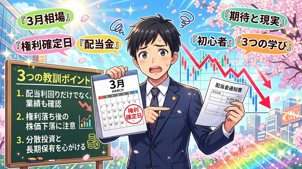 3月権利確定日に学ぶサラリーマンのイラスト