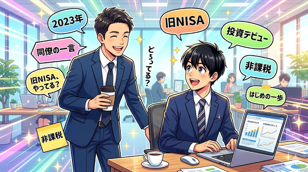 同僚から旧NISAの話を聞いて興味津々のサラリーマンのイラスト