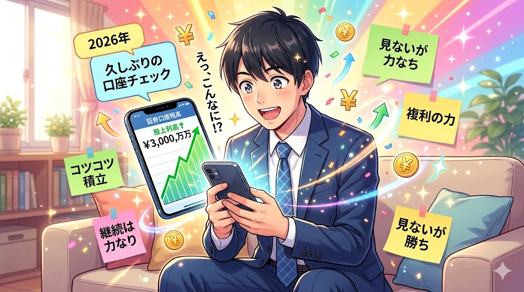 久しぶりにスマホで証券口座を見て残高の増加に驚き喜ぶサラリーマンのイラスト