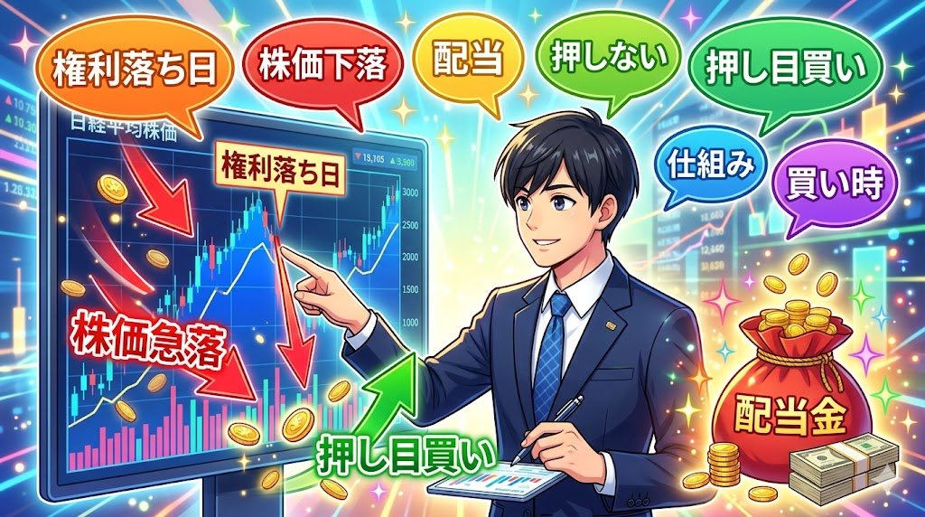 権利落ち日の株価チャートを解説するサラリーマン