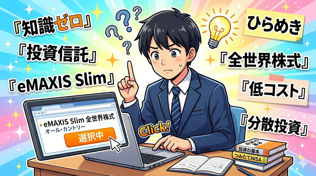 投資信託の選び方に困惑しながらeMAXIS Slim全世界株式を選ぶサラリーマンのイラスト