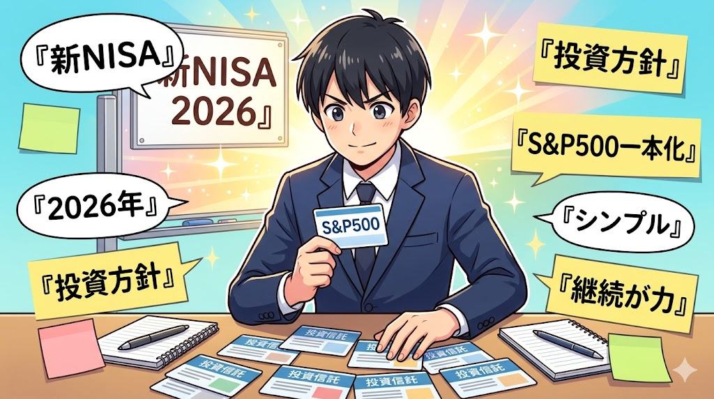 新NISAでS&P500一本化を決意するサラリーマンのイラスト