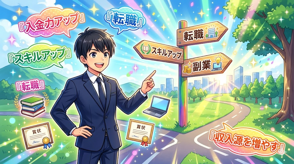 入金力を高める3つの方法を示すサラリーマン