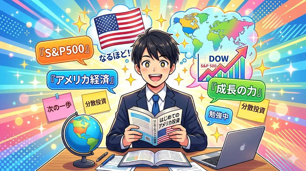 S&P500を選んだ理由を考えるサラリーマンのイラスト