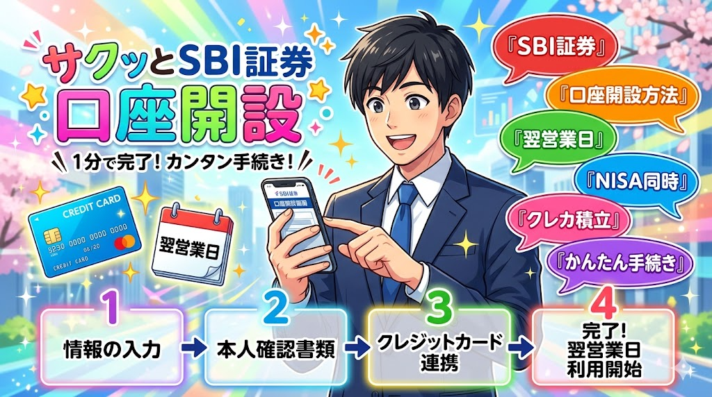 SBI証券の口座開設ステップを示すサラリーマン