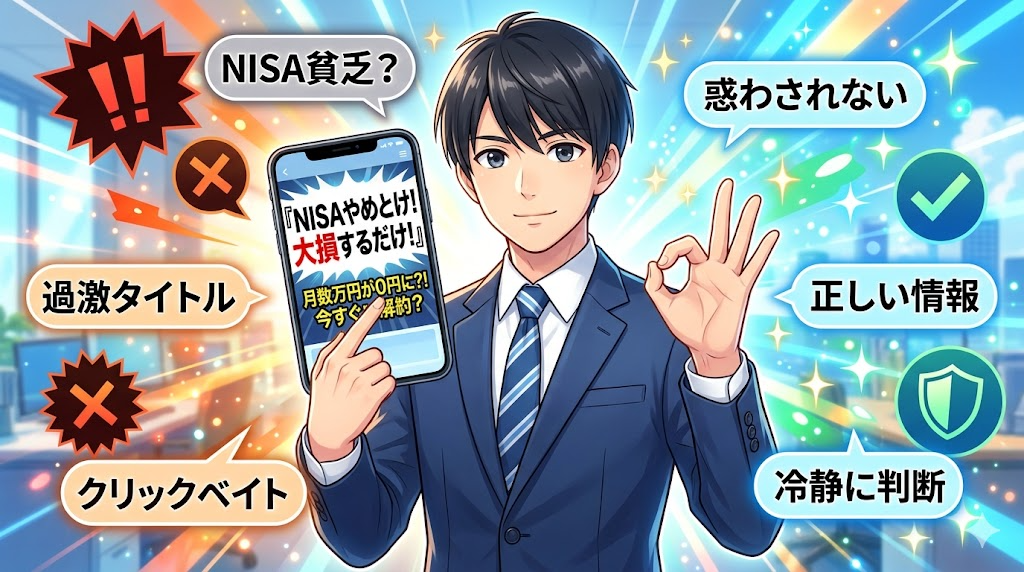 過激なクリックベイトに惑わされず冷静に判断するサラリーマン