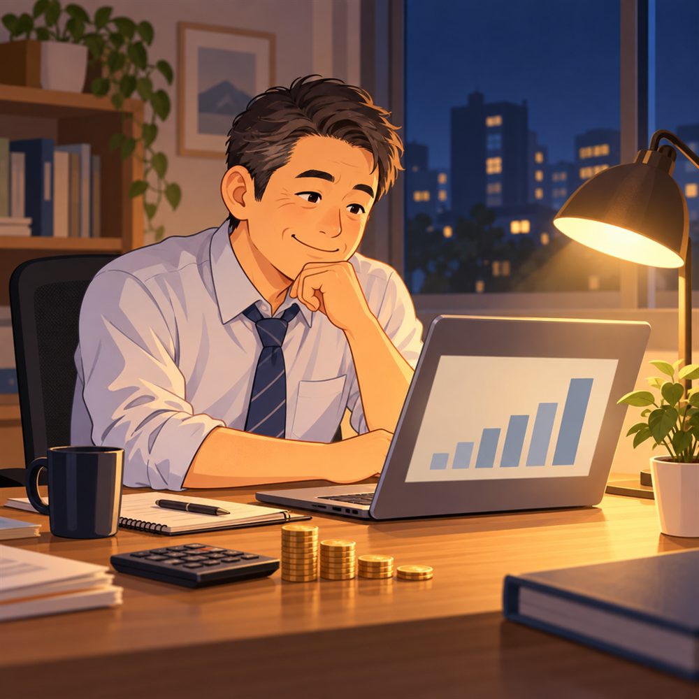 夜に机でノートパソコンの棒グラフを見る会社員と小さなコインの山