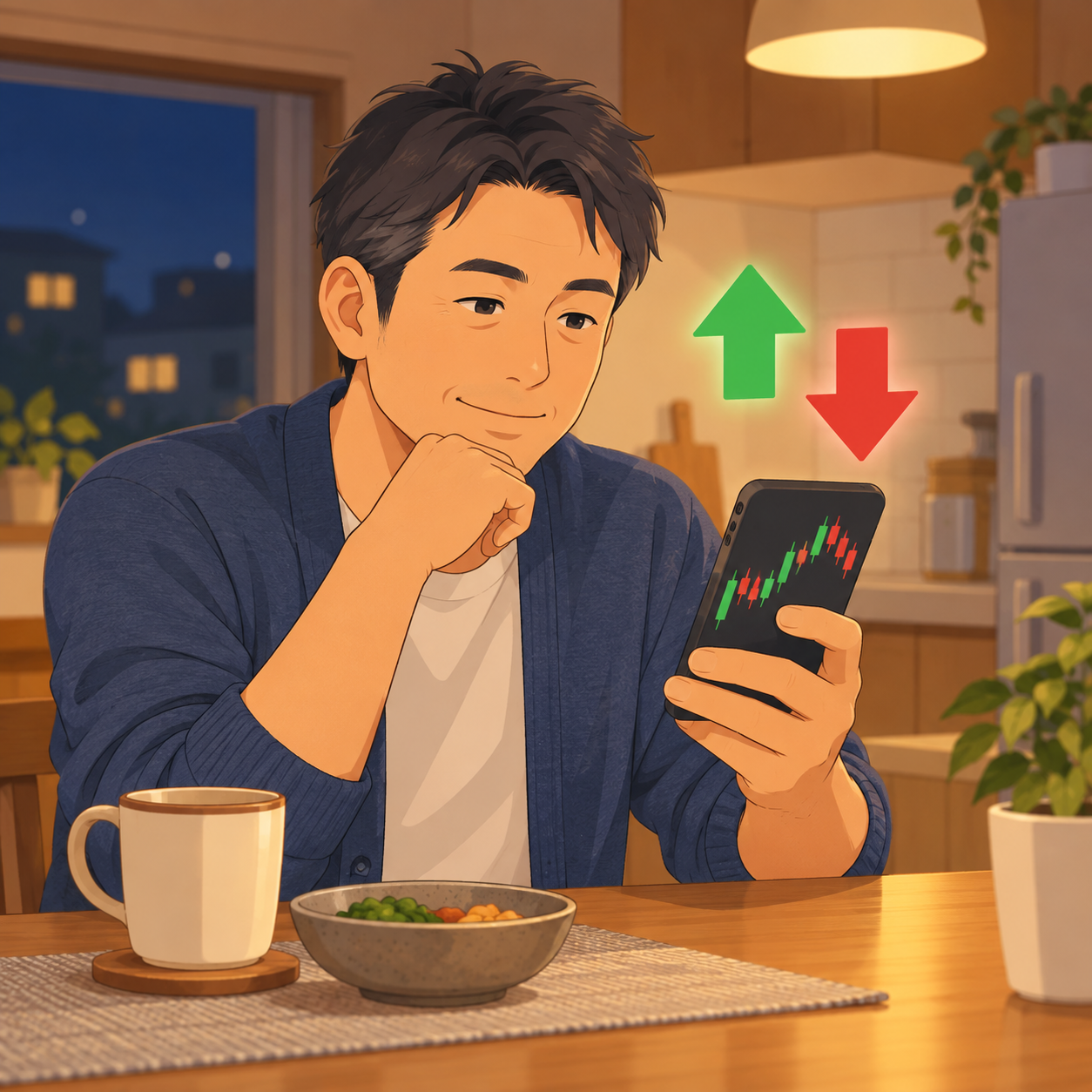 夜にスマホの株アプリを見る会社員と上下の矢印