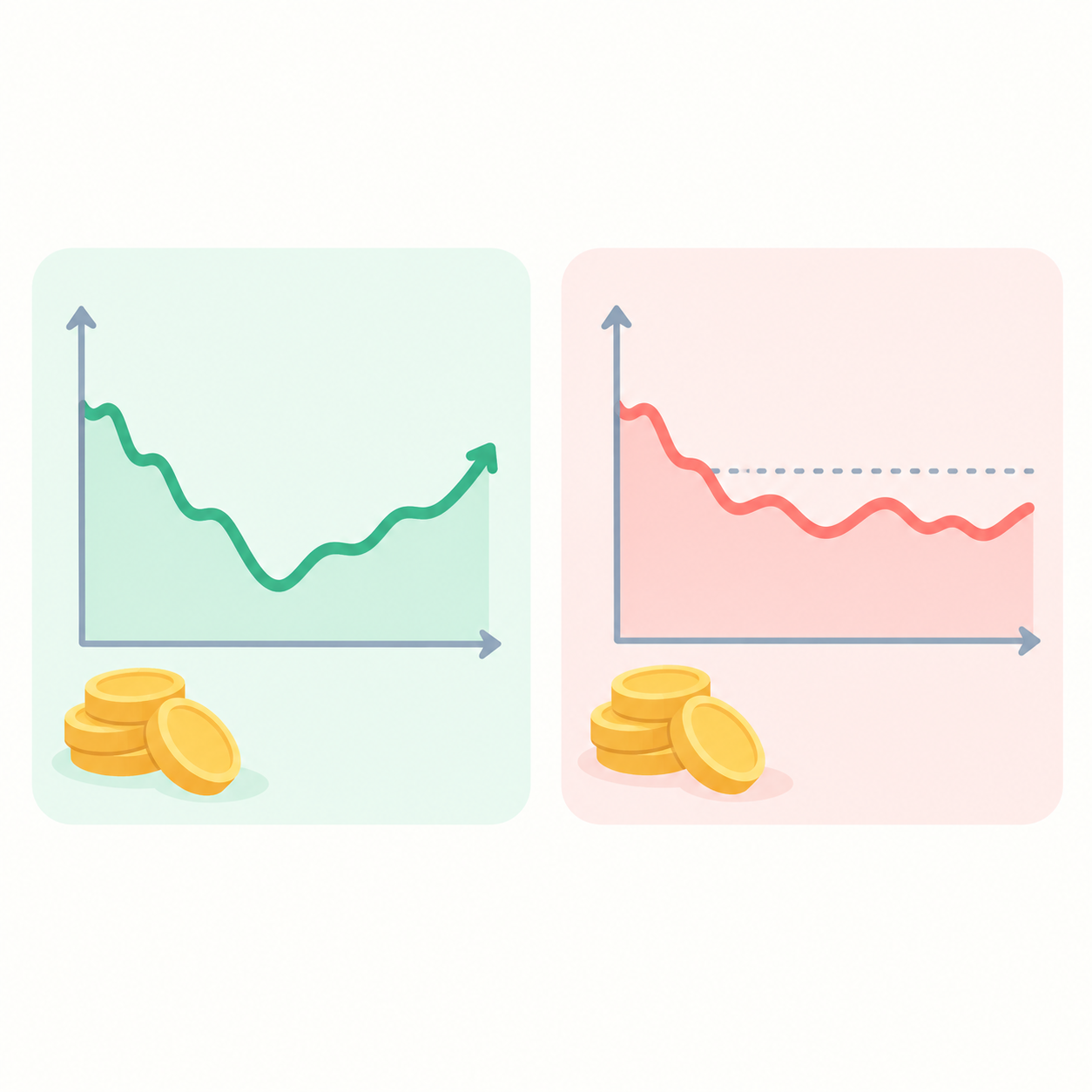 2つの株価チャート。片方は少し回復、片方はまだ下