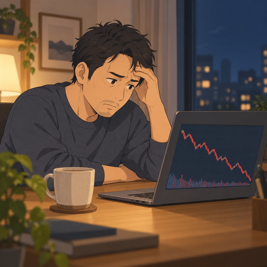 下がっていく株価チャートを見て悩む会社員